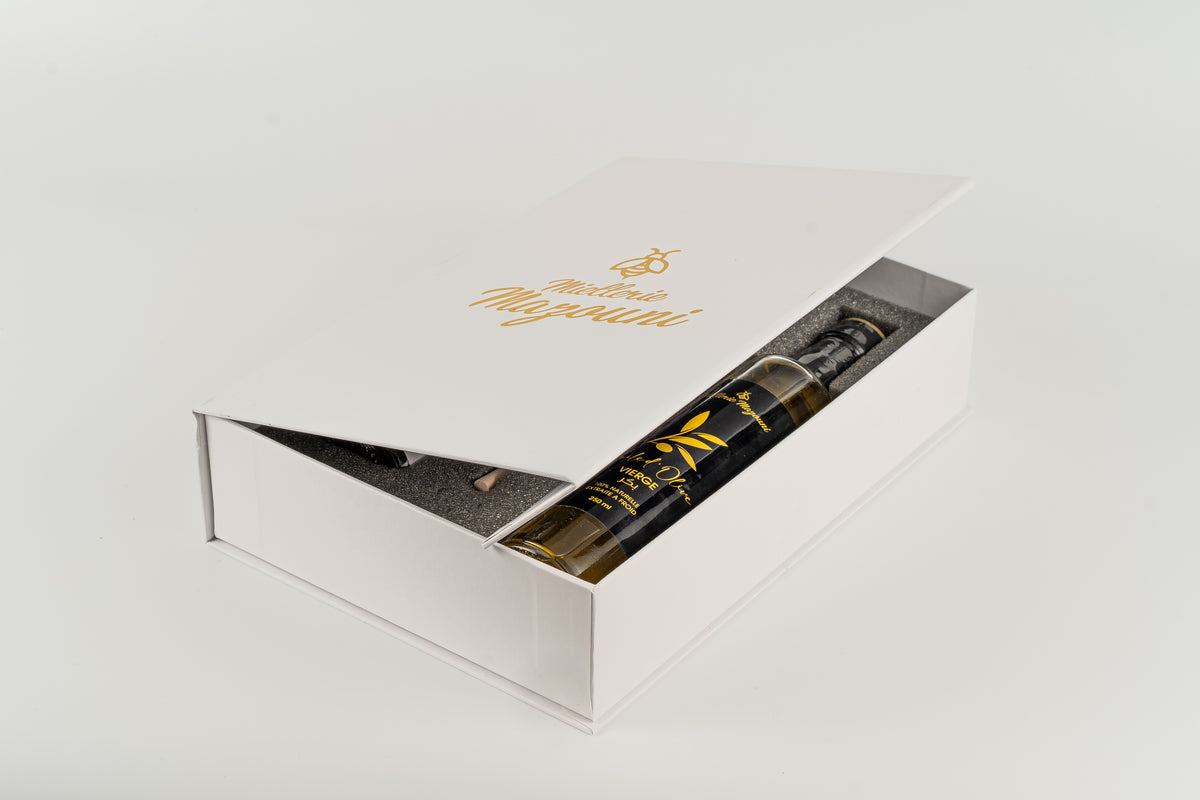 Coffret 2 Miels + Huile d'Olive, deux pots de 125g et une bouteille de 125ml